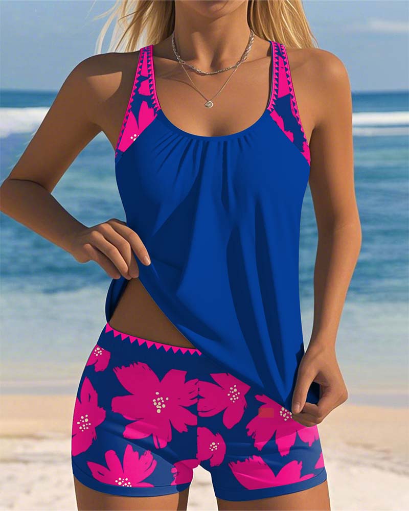 Tankini con scollatura a U senza maniche stampato Boxer