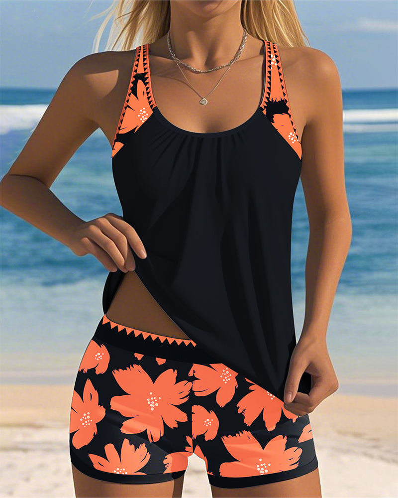Tankini con scollatura a U senza maniche stampato Boxer