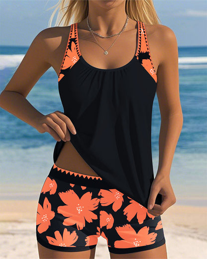 Tankini con scollatura a U senza maniche stampato Boxer
