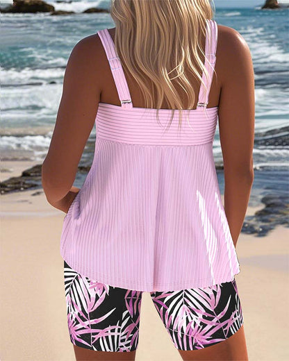 Tankini a righe con top stampato e pantaloni da spiaggia
