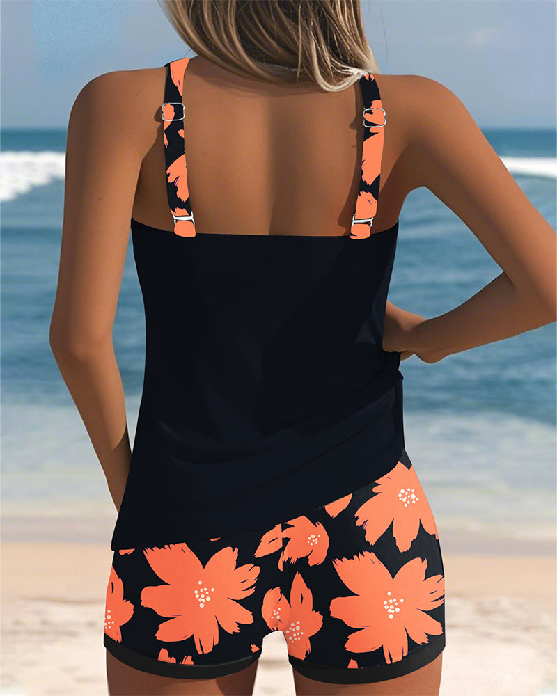 Tankini con scollatura a U senza maniche stampato Boxer