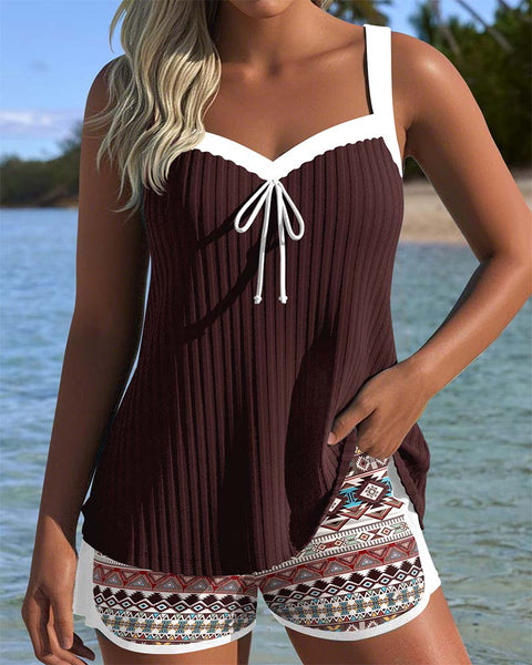 Tankini a costine con pantaloni da spiaggia stampati